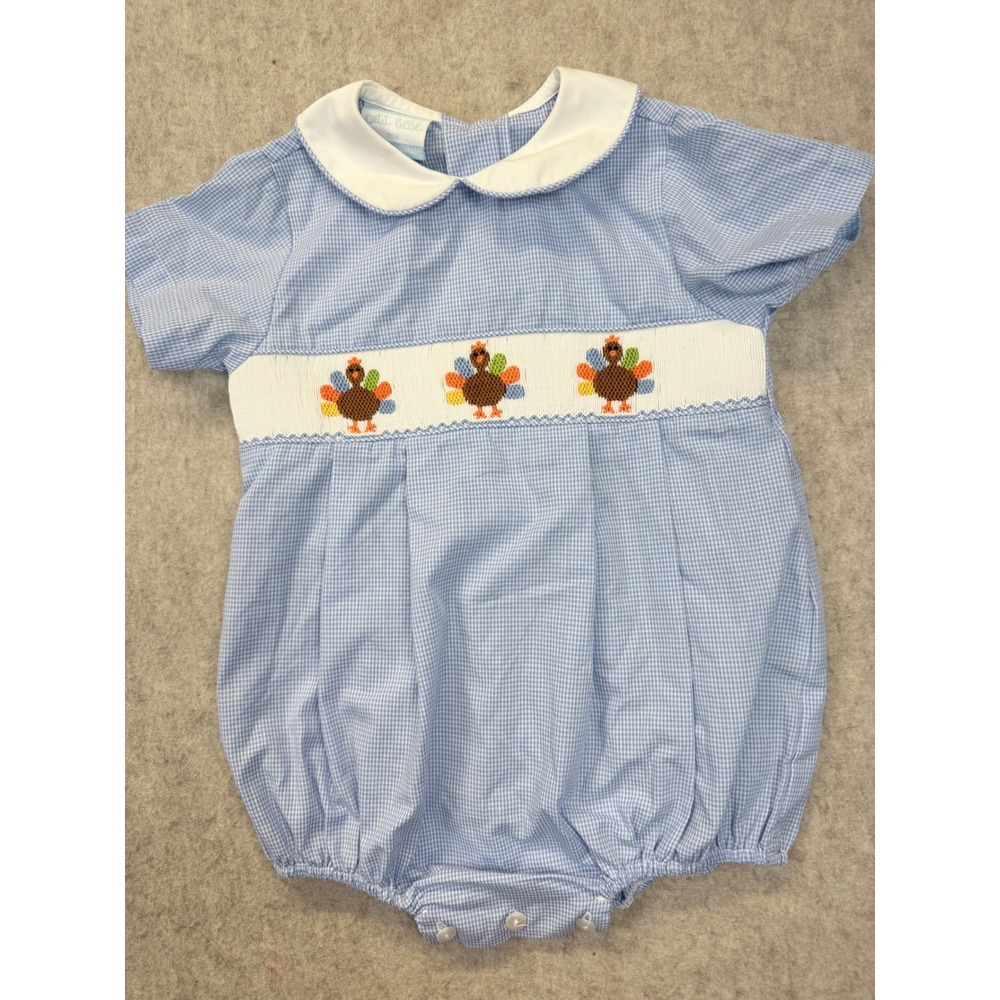 Petit Bebe Romper Boys 18M Blue Gingham Turkey Smocked Thanksgiving Bubble